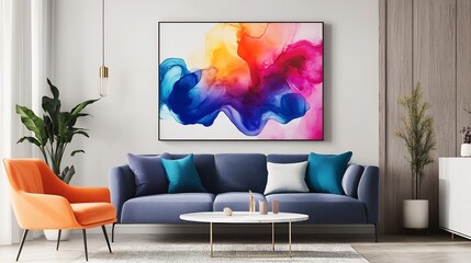 Abstract Colorful Ink Painting in Modern Living Room Interior