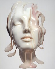 An abstract representation of a human face features flowing materials in soft hues, creating a captivating visual effect that emphasizes creativity and artistic expression in contemporary art