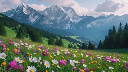 Fototapeta premium Stunning mountain landscape with vibrant wildflowers in a serene meadow under a clear blue sky