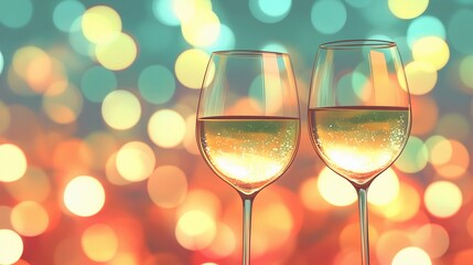 Elegant blurred bokeh lights beside wine glasses creating a romantic atmosphere.