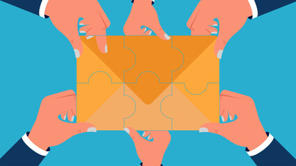 Business Illustration of Implementing a Teamwork System. Hand Concept Putting Envelope Shape Puzle