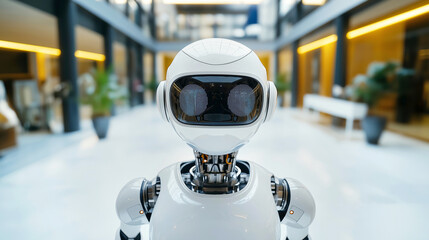 Futuristic white robot in modern bright office environment