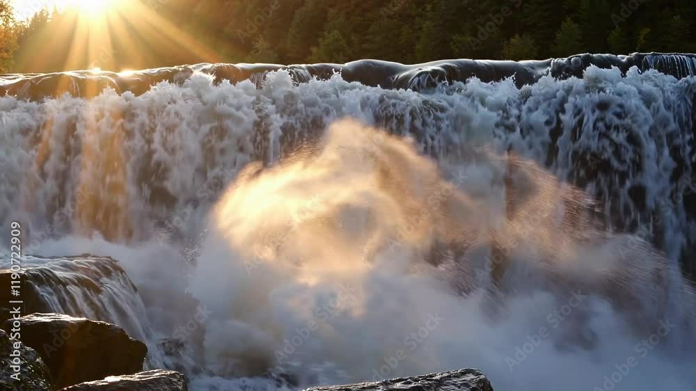 Poster majestic waterfall cascading under the golden rays of sunset in a serene natural setting