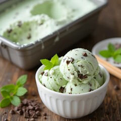 A bowl of mint chocolate chip ice-cream scoops with an ice-cream bucket in the background