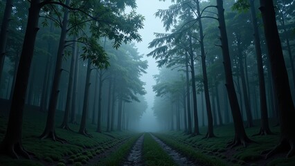 Naklejka premium Enveloped by mist, an enchanting forest path winds through lush, verdant foliage, where ethereal fog shrouds tree canopies and whispers secrets to the earth below