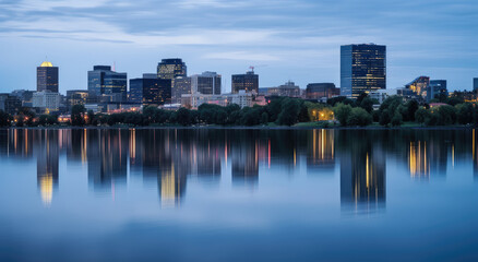 Fototapeta premium Twilight Serenity: Urban Skyline over Calm Waters