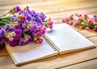 Panoramic View of Blank Notebook and Statice Flowers: Elegant Stationery Mockup