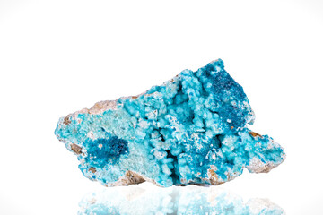 Dark blue veszelyite on light blue hemimorphite. Specimen from DR Congo. photography isolated on white blackground. macro detail  background. close-up mineral crystal unpolished semi-precious gemstone
