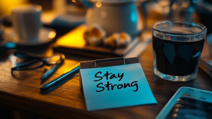 Inspiring Home Office Desk Scene with Coffee, Note, and Accessories to Motivate Productivity and Encourage Positive Mindset During Challenging Times