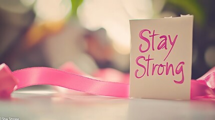 Inspiring Message on Sticky Note with Pink Ribbon, Symbolizing Hope and Strength for Overcoming Challenges, Motivational and Uplifting Theme for Supportive Messages