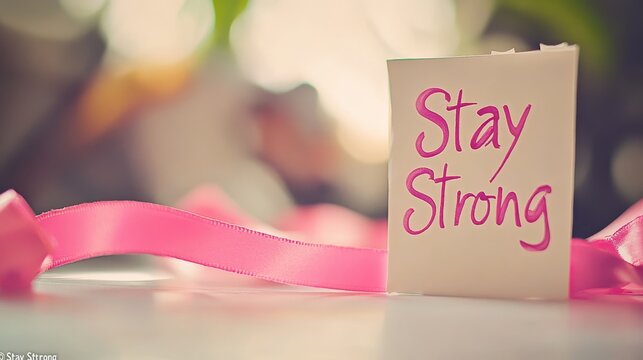 Inspiring Message on Sticky Note with Pink Ribbon, Symbolizing Hope and Strength for Overcoming Challenges, Motivational and Uplifting Theme for Supportive Messages