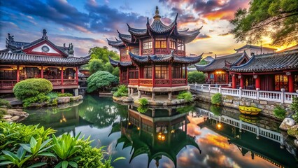 Fototapeta premium Panoramic View of Elegant Pavilion in Shanghai's Yu Yuan Garden