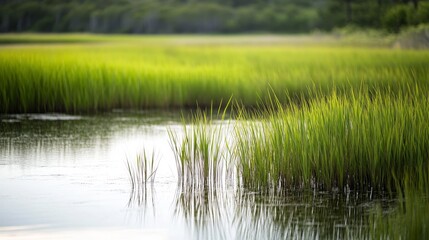 Obraz premium Lush Green Grass Reflecting in Calm Water of a Marsh with Vibrant Ecosystem and Natural Beauty in a Serene Landscape During Golden Hour