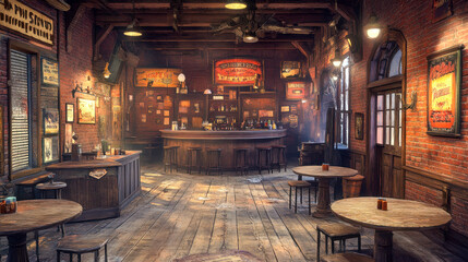 Captivating rustic bar interior showcasing wooden tables, warm lighting, and vintage decorations in a lively atmosphere