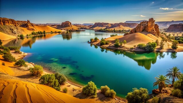 Panoramic View of Ounianga Serir's Teli Lake Group, Ennedi, Chad - Vintage Style Photography