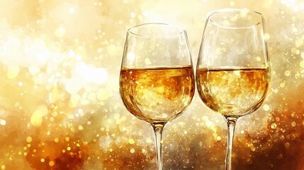 Blurred glowing lights next to wine glasses, creating a peaceful and elegant visual, style book illustration