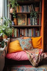 A vibrant reading nook with layered cushions, a soft throw blanket, and a minimalist wooden bookshelf