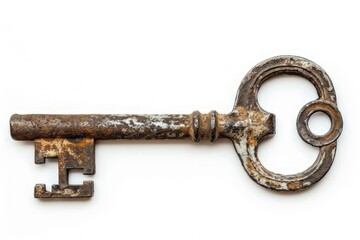 An old, rusty key with intricate designs, suggesting vintage or antique use. isolated on white background