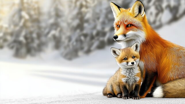 A heartwarming winter scene: Mother fox and her adorable kit snuggle together in a snowy forest. A captivating image portraying familial love and the beauty of wildlife.