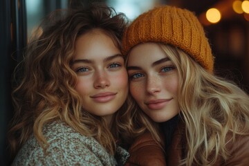 Fototapeta premium Friends enjoying a cozy moment together in warm winter outfits at a cafe during a chilly evening