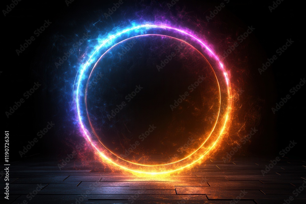 Wall mural colorful glowing circular portal illuminated against a dark background creating a mystical atmospher