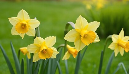 Beautiful Yellow Spring Blooms on Blurred Green Background. 1