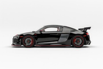 Obraz premium A sleek black sports car with red accents and a prominent rear wing. isolated on white background