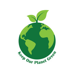 Vector illustration of a green globe. Keep our planet green. Recycling and Environmental Icons. product packaging and labels icon.