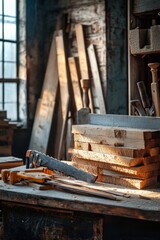 A vibrant shot of a carpenter workshop with a handsaw, clamps, and a stack of lumber