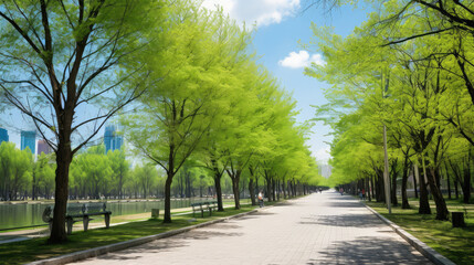 Fototapeta premium Serene Park Pathway Lined with Green Trees