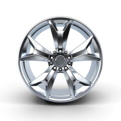 Naklejka premium A shiny, modern alloy wheel designed for vehicles, showcasing intricate spokes and a polished finish. isolated on white background