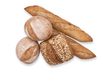 Top-view of group of baked bread rolls isolated on a cutout PNG transparent background