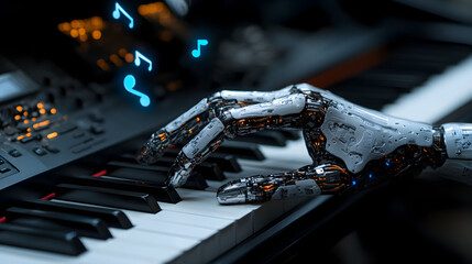 Robotic hand playing piano in a dimly lit room, showcasing the fusion of technology and music during an evening performance