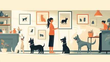 A clean ad for a pet daycare service with playful dogs and happy caretakers 