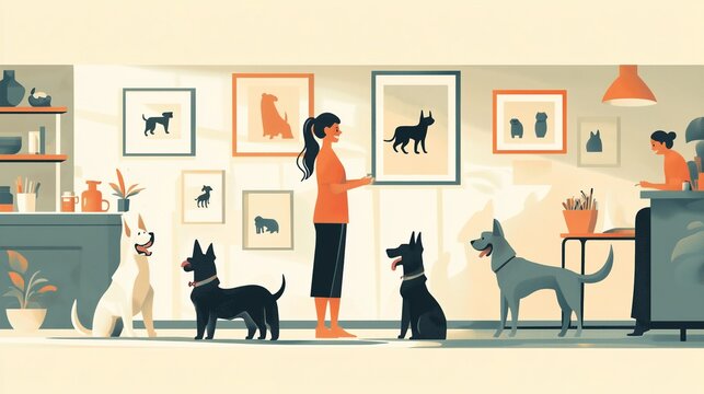 A clean ad for a pet daycare service with playful dogs and happy caretakers 