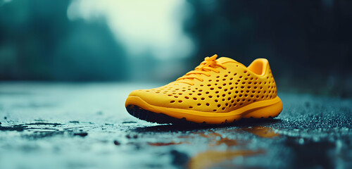 A vibrant yellow sports shoe resting on the ground, designed for athletic use, offering a perfect blend of style and comfort.