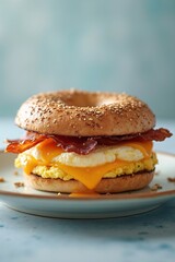 A breakfast egg sandwich with fluffy eggs and crispy bacon, styled on a pastel blue background. Perfect for breakfast ads and food promotions.