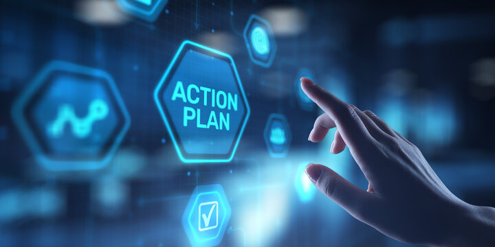 Action Plan Strategic Planning and Goal Setting, projection on a virtual screen, Business and Technology Concept.