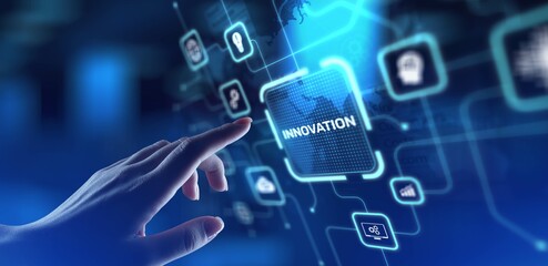 Innovation Driving Business Growth and Technological Advancement, projection on a virtual screen, Business and Technology Concept.