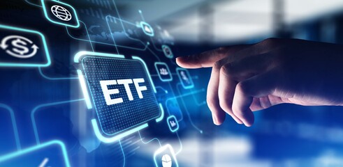 ETF Exchange-Traded Fund Investment Strategy, projection on a virtual screen, Business and Technology Concept.