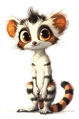 Fototapeta premium Charming cartoon lemur with a striped tail and a white background
