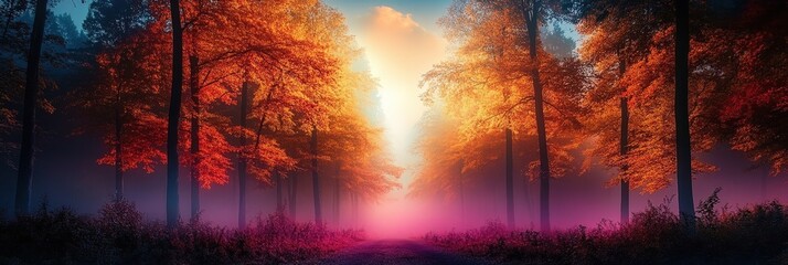 Majestic Forest Scene with Vibrant Autumn Colors and Mystical Fog Illuminated by a Golden Sunrise in a Tranquil Natural Setting