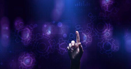 Gears mechanism on virtual screen. Automation and business process flow. Business and technology concept.