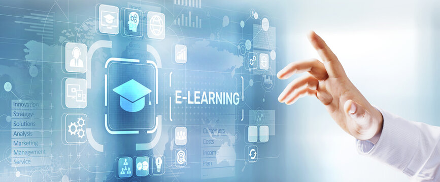 E-learning, Online education, internet studying. Business, technology and personal development concept on virtual screen.