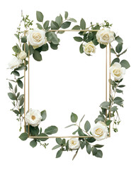 Elegant gold frame adorned with delicate white roses and lush green eucalyptus leaves, perfect for wedding invitations or romantic designs.