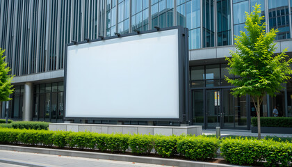 Obraz premium A large blank billboard stands in front of a modern glass building, surrounded by green bushes and trees, on a sunny day.