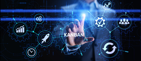 Kanban work flow process management system concept on virtual screen.