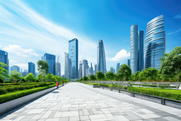 Fototapeta premium Modern Urban Skyline with Lush Green Pathway