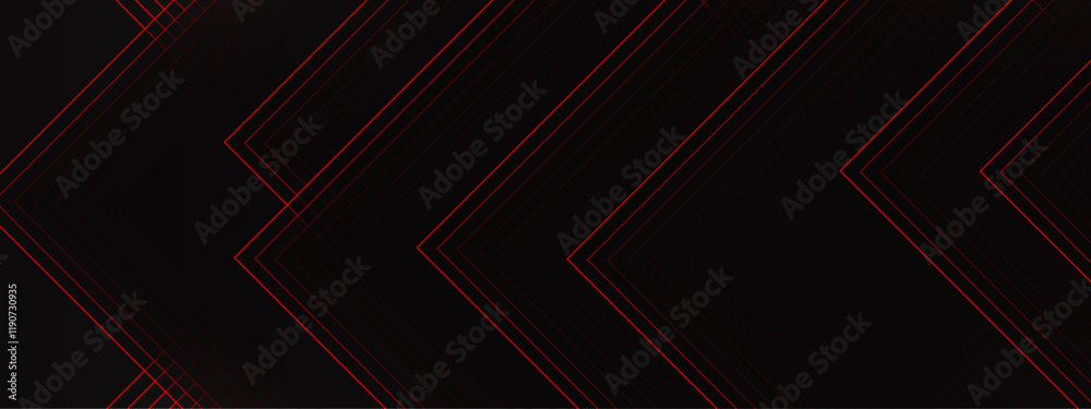 Poster Abstract Geometric Chevron Pattern with Red Accents on Black Background. Futuristic Linear Design for High-Contrast Modern Projects. Red and black are light pattern with the gradient
