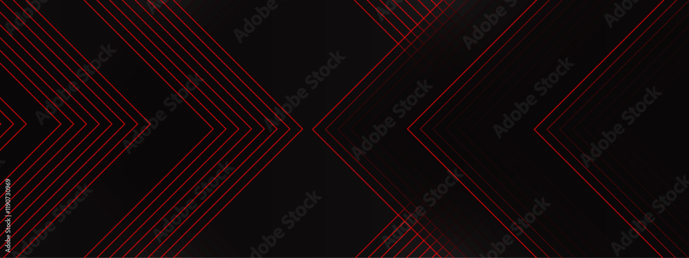 Poster Abstract Geometric Chevron Pattern with Red Accents on Black Background. Futuristic Linear Design for High-Contrast Modern Projects. Red and black are light pattern with the gradient